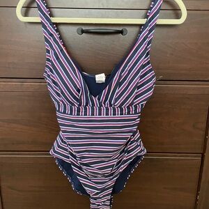 Red, white and blue stripe one piece swimsuit with ruching